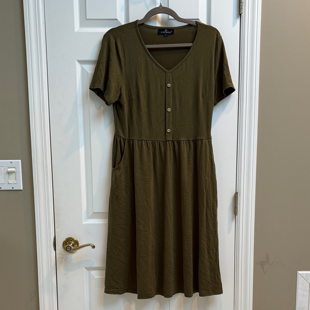 Casual Olive Midi Dress with Button Detail